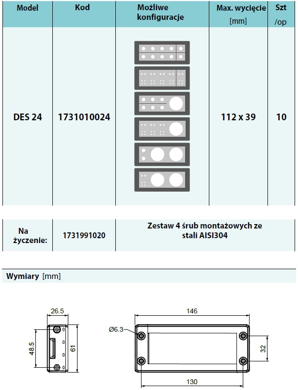wymiary przepustów kablowych modułowych do przykręcenia na szafie elektrycznej Arpeo DES 24
